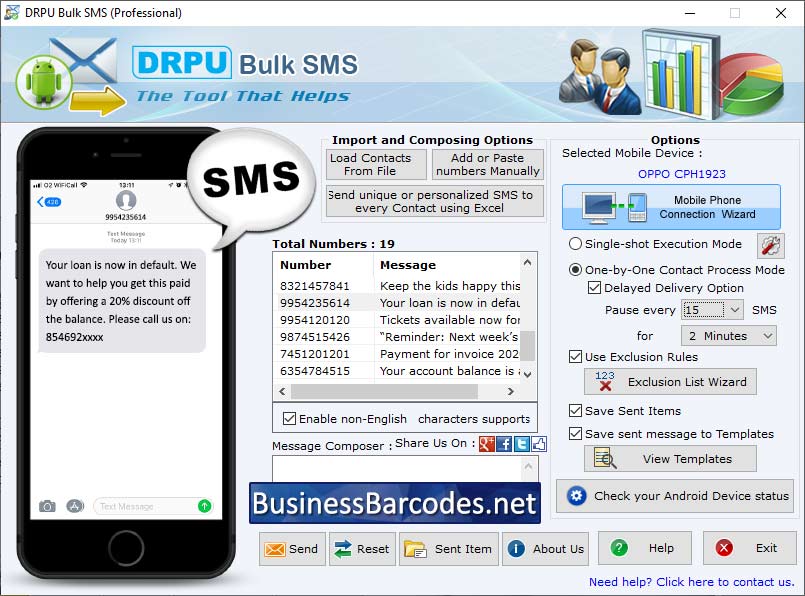Screenshot of Bulk SMS Sender Application 9.9.4.3