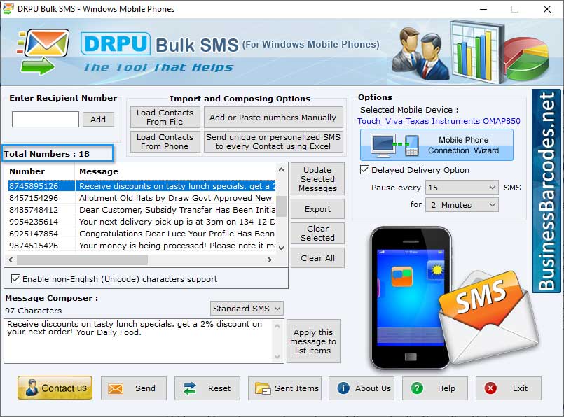 Screenshot of Window Text Message Sender Tool 7.2.1.3