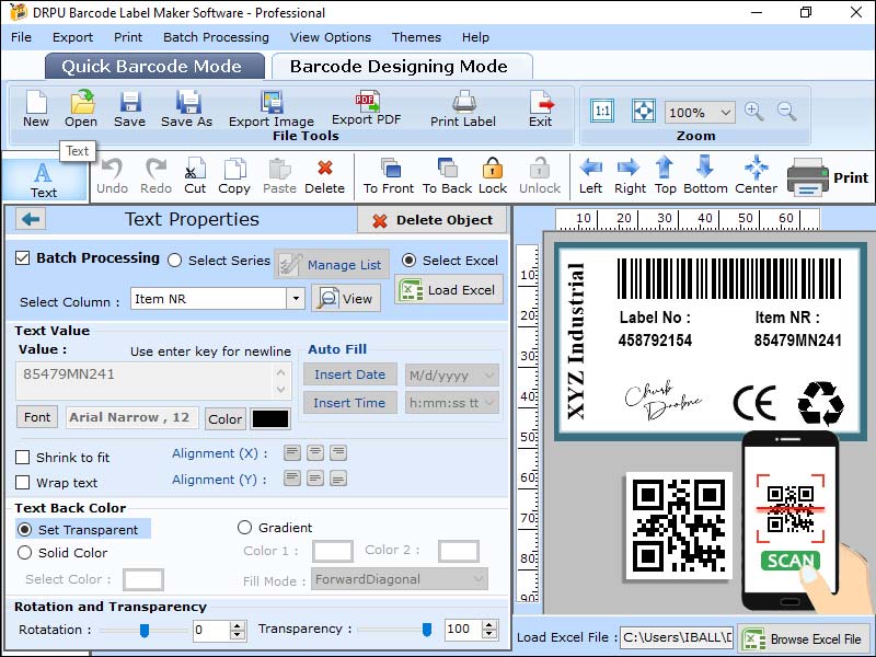 Screenshot of Barcode Label Scanning Tool