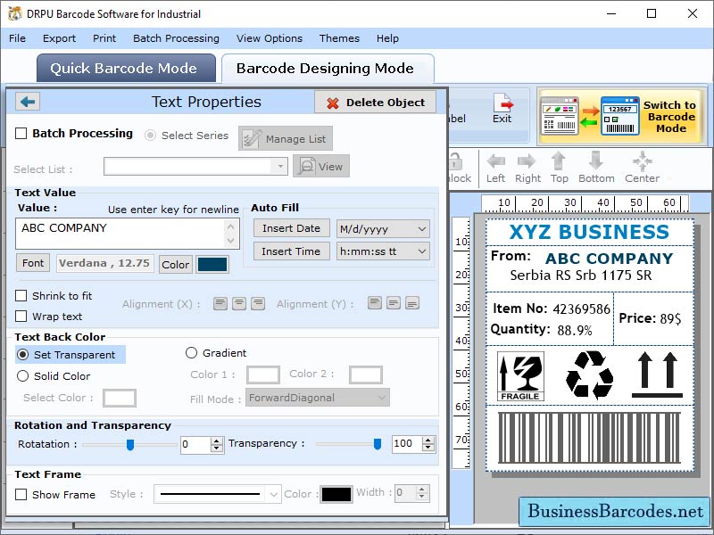 Screenshot of Industrial Barcode Label Maker Application