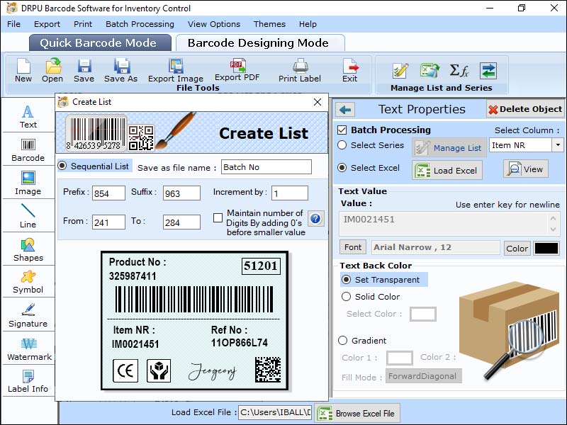 Screenshot of Inventory Barcode Maker Softwre