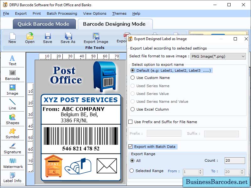 Screenshot of Post Office Barcode Label Tool